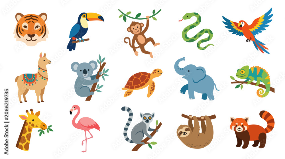 Fototapeta premium Diverse Cute Flat Vector Animals Set: Wild and Exotic Wildlife Collection for Kids Education