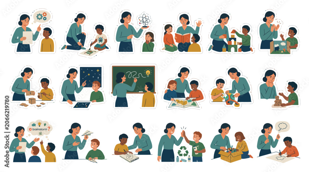 Fototapeta premium Diverse teachers educating children, learning, science, blocks, art, flat style vector