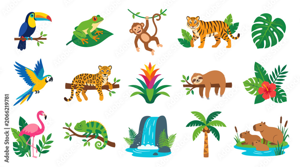 Fototapeta premium Flat Vector Collection of Tropical Rainforest Animals and Plants