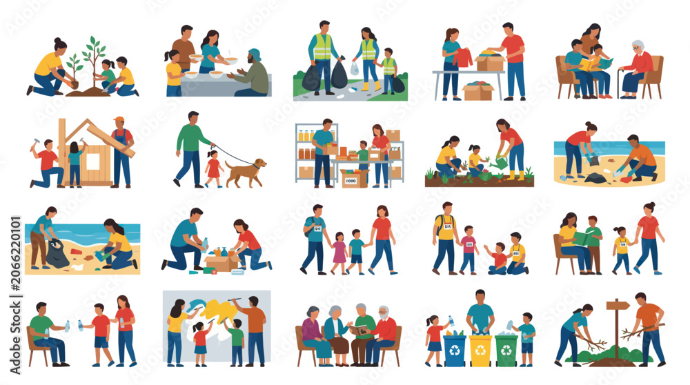 Fototapeta premium Diverse People Helping Community: Planting, Cleaning, Building, Recycling Flat Icons