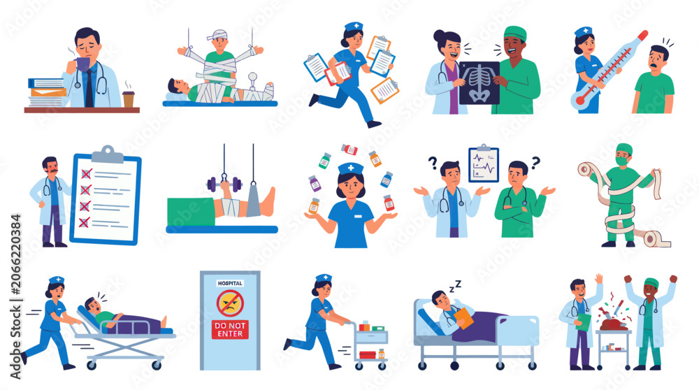 Fototapeta premium Flat Vector Healthcare Scenes: Doctors, Nurses, and Patients Medical Illustration Set