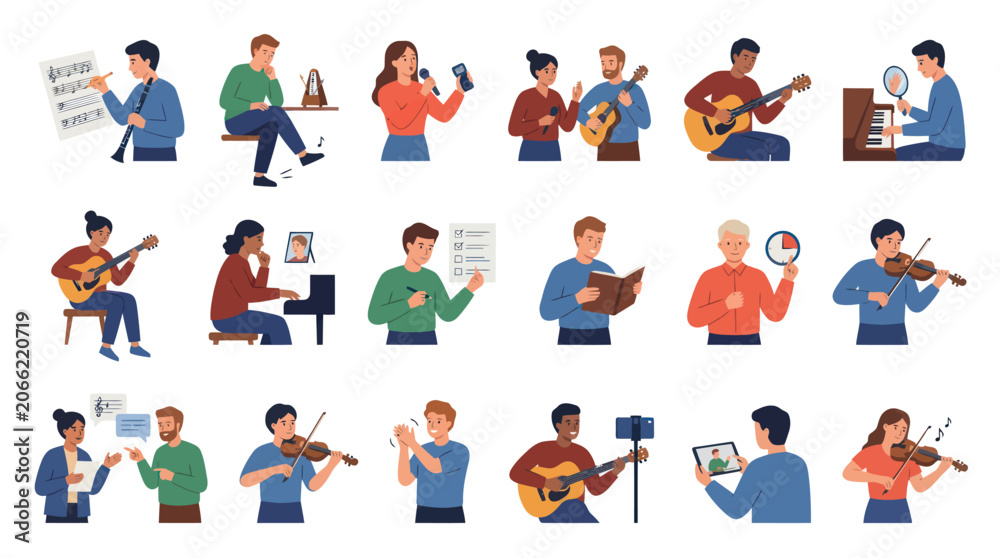 Fototapeta premium Diverse People Learning Music Online: Playing Instruments, Singing, Watching Tutorials