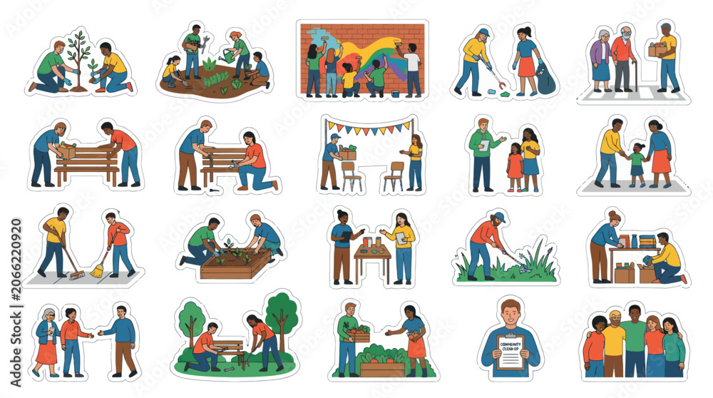 Fototapeta premium Diverse Community Volunteering Activities Flat Vector Illustrations. People Helping, Gardening, Charity Social Support.