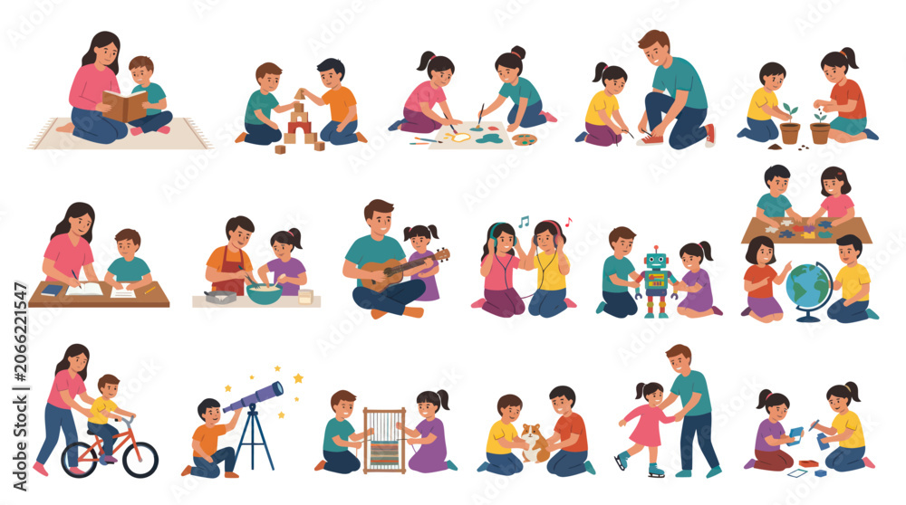Fototapeta premium Flat Style Illustration of Diverse Kids and Adults Engaged in Educational Activities
