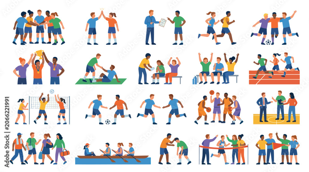 Fototapeta premium Flat Vector Illustration Set of People in Sports, Teamwork, and Competition Activities for Fitness