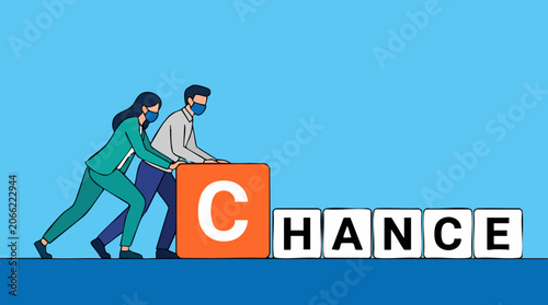 Fotografi Business people in face masks pushing 'C' block to create 'CHANCE' word