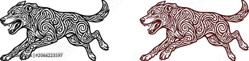 Tribal wolf designs two color variations of a running wolf illustration