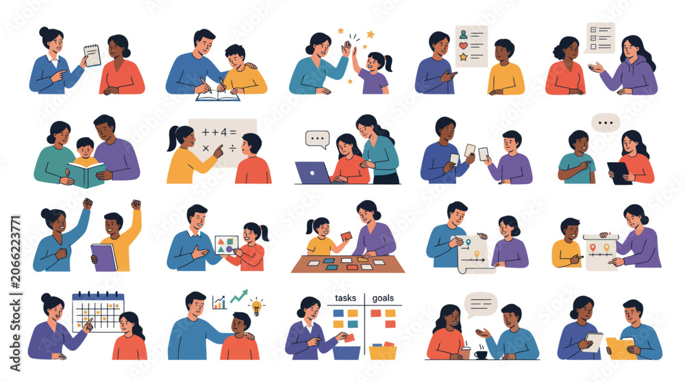 Fototapeta premium Flat Vector Education and Learning Illustrations: Diverse People Teaching, Mentoring, and Studying