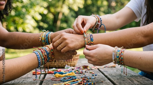 Close-up of several friends creating vibrant friendship bracelets together