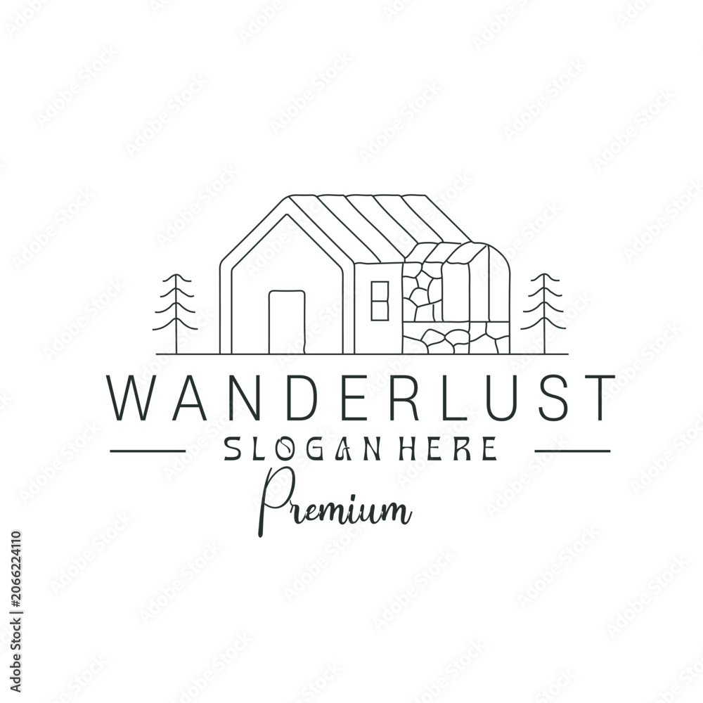 Fototapeta premium Wanderlust Mountain Cabin and Stone House Line Art Logo
