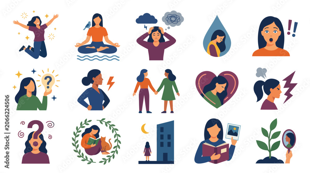 Fototapeta premium Flat Style Icons of Woman Emotions, Mental Health, and Self-Care