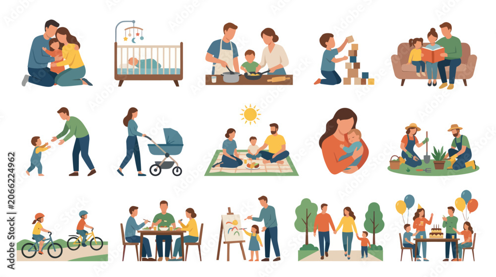 Fototapeta premium Flat Vector Illustration Set: Family Life, Parenting, and Childhood Daily Activities Moments Collection