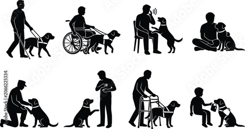 Obraz na płótnie Service dogs and assistance animals helping people with disabilities vector silh