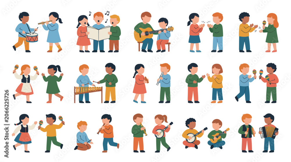 Fototapeta premium Diverse Children Playing Musical Instruments, Education Music Vector Art