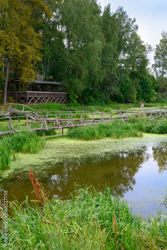 A small wooden bridge over a swampy river backwater on a summer evening