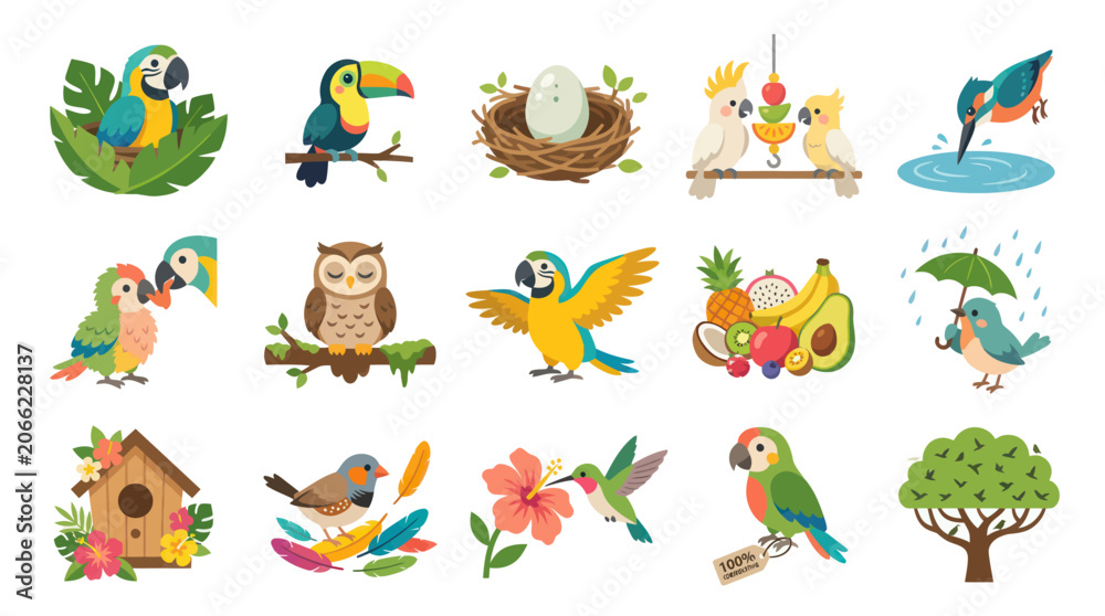Obraz premium Flat Cartoon Animal Illustrations: Cute Exotic Birds, Nest, Egg, Birdhouse, Fruits, and Nature Elements