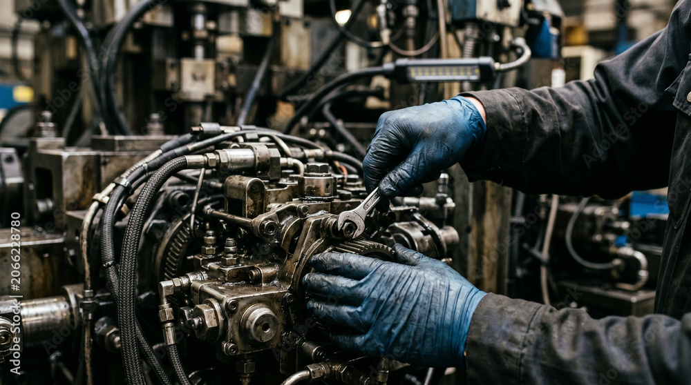 Fototapeta premium Mechanic repairing industrial machinery with wrench