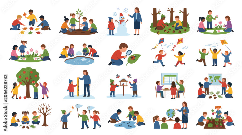 Fototapeta premium Flat Vector Illustration Set for Education Childhood: Kids Learning, Playing Exploring Nature Activities