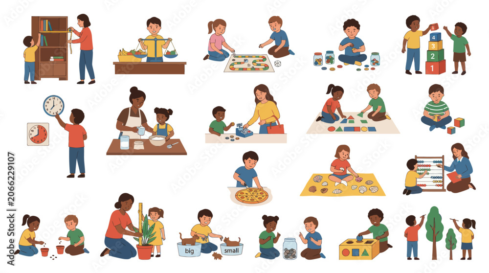 Fototapeta premium Diverse Children Learning Math and Science Concepts in Classroom Flat Illustrations