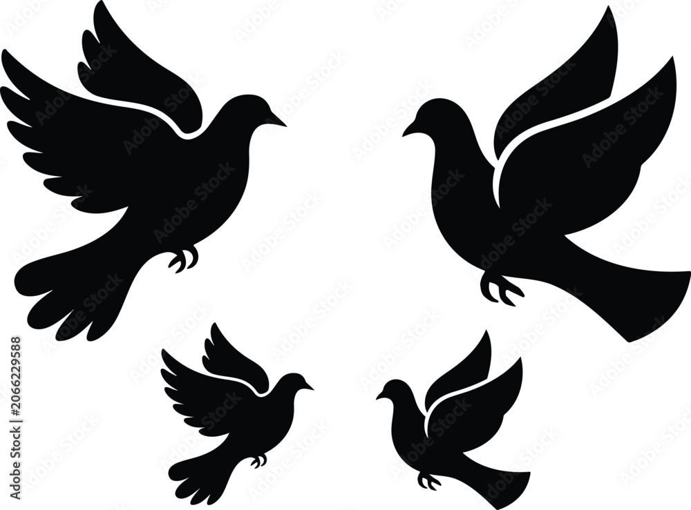 Fototapeta premium Dove silhouette vector icon set isolated on white background with editable bird clipart collection