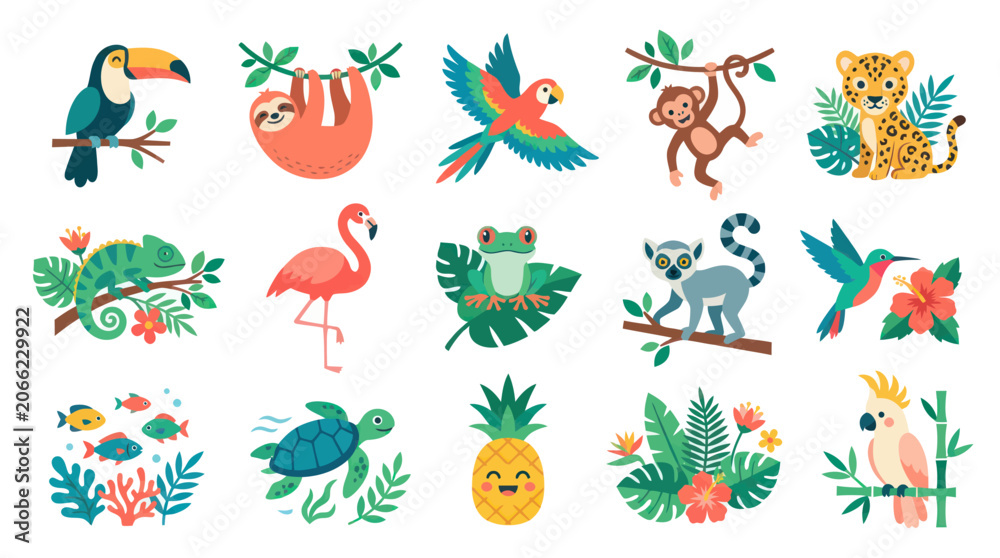 Obraz premium Cute Tropical Animals and Plants Flat Vector Illustration Set for Nature and Wildlife Design