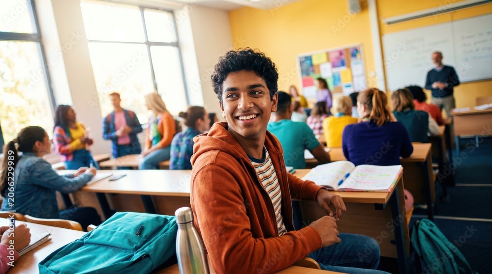 Fototapeta premium Smiling teenage boy sitting at desk in diverse high school classroom, happy male student looking back during lesson, education and academic success concept
