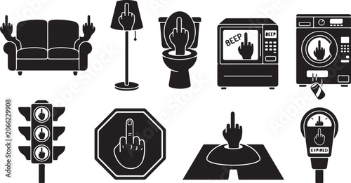 Vászonkép Set of black featuring household and urban each displaying a middle finger gestu
