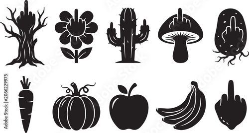 Foto Set of black silhouette featuring various plants, fruits, and vegetables, each d