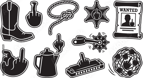 Foto Set of western-themed featuring cowboy boots, lassos, sheriff badges, wanted pos