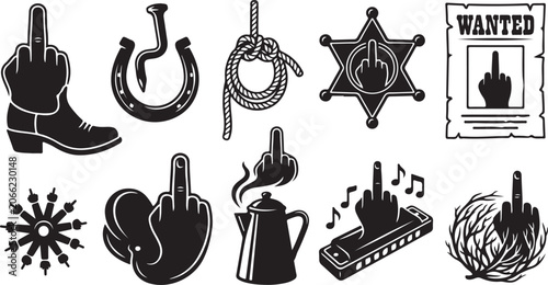Foto Set of western-themed featuring hands making a middle finger gesture, including