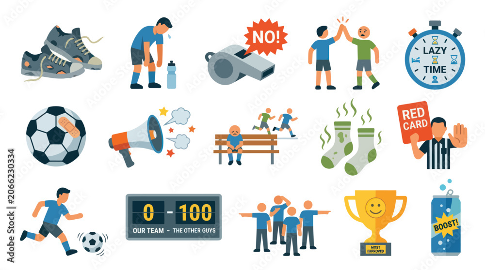 Fototapeta premium Flat Style Soccer Icons: Ball, Referee, Trophy, Player, Scoreboard, Shoes