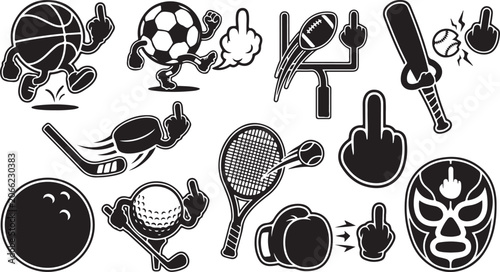 Εκτύπωση καμβά Collection of black and white sports equipment featuring anthropomorphic balls a