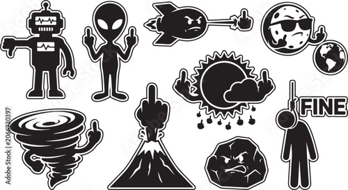 Φωτογραφία Collection of black and white cartoon stickers featuring angry characters, inclu