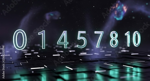 A digital artwork featuring neon numbers on a dark background