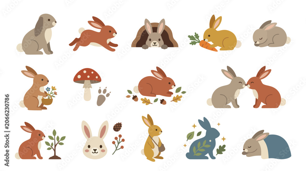 Obraz premium Flat Style Cute Easter Bunnies and Spring Elements Vector Illustration