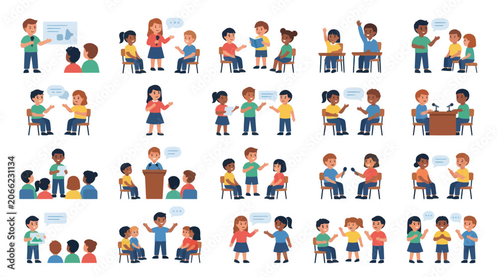 Fototapeta premium Education and Communication Flat Vector: Diverse Kids Learning Public Speaking, Debate, and Discussion