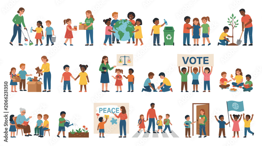 Fototapeta premium Flat Vector Illustration of Kids Adults in Education, Community Social Responsibility Activities