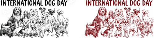 International dog day illustration black and red sketch of various dog breeds
