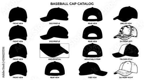фотографія Baseball cap catalog silhouette icon set with front side rear angled views mocku