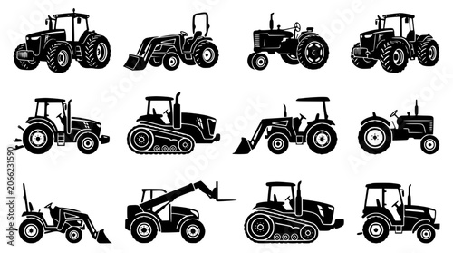 Quadro su tela Agricultural tractor silhouette icon set with heavy machinery industrial farming