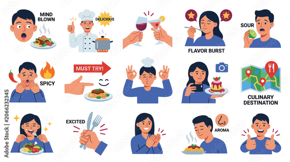 Fototapeta premium Food and Culinary Experience Flat Vector Illustrations: Taste, Emotion, Dining, and Gastronomy Concepts