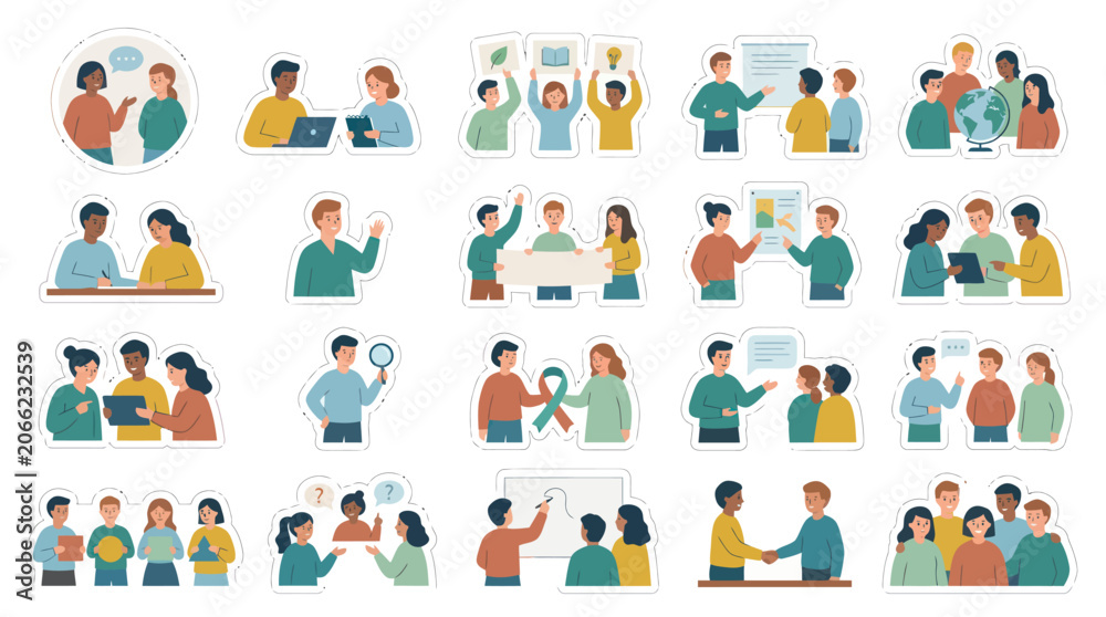 Fototapeta premium Diverse Team Collaboration and Discussion Vector Stickers, Flat Style