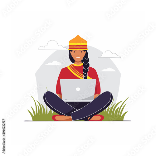 Woman in traditional attire using laptop outdoors