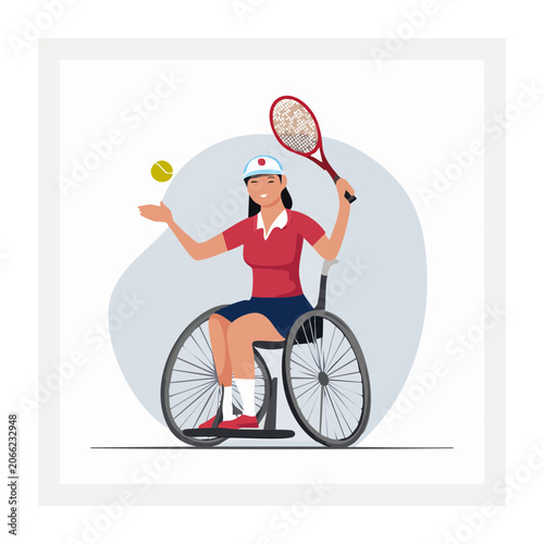 Woman in wheelchair playing tennis with racket and ball