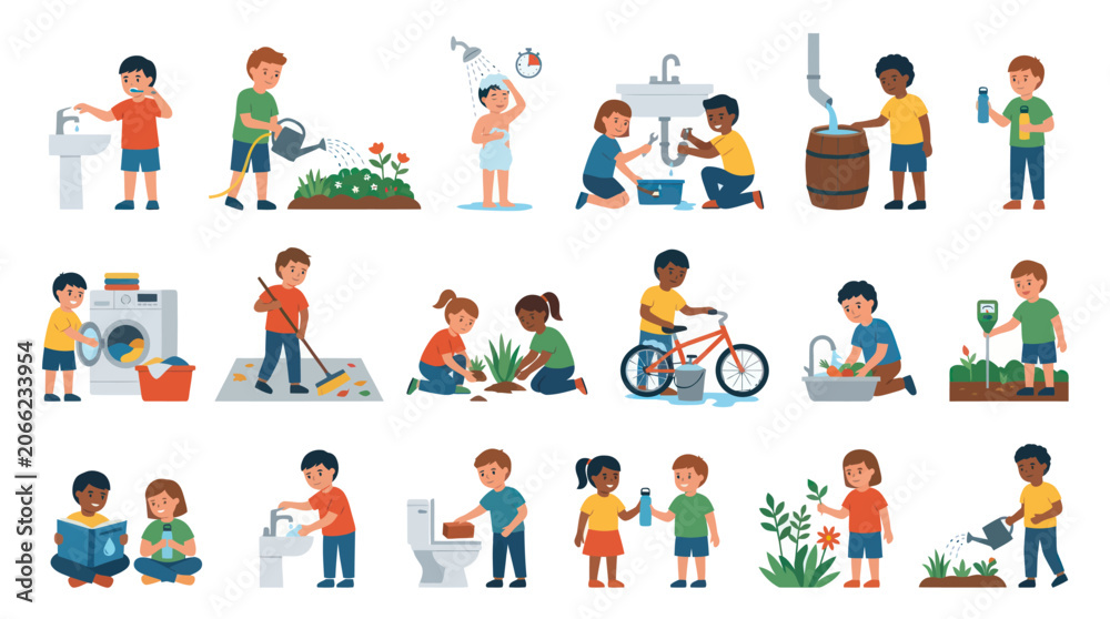 Fototapeta premium Children doing chores and outdoor activities, flat vector illustration