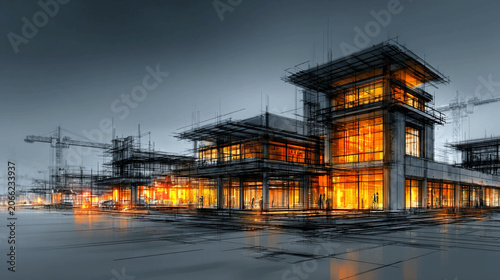 Construction project blueprint rendered concept generative AI illustration featuring engineering design planning building structure and development process at an industrial site