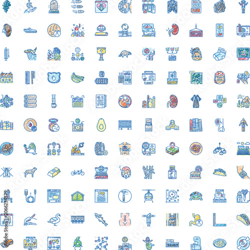 Large group of various hand drawn line art icons featuring concepts like technology, healthcare, food, travel, and nature, creating an extensive illustrative collection