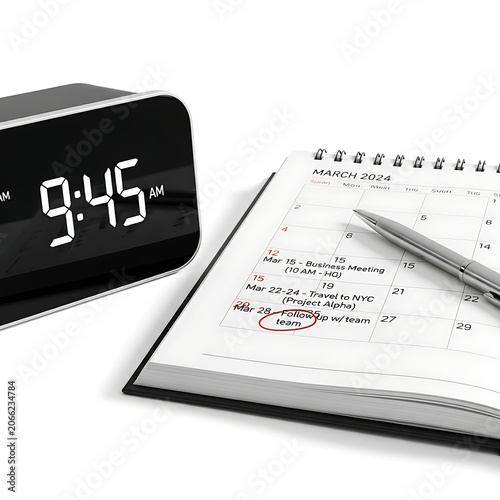 A digital clock and a calendar with a pen on a white background