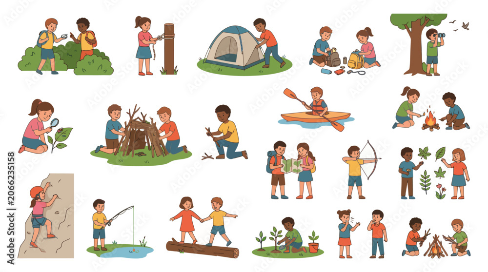Fototapeta premium Children enjoying outdoor activities like camping, fishing, hiking, and nature exploration