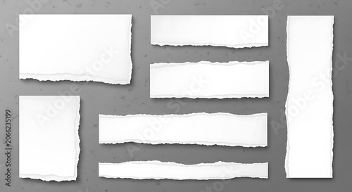 A collection of eight white torn paper strips on a gray background